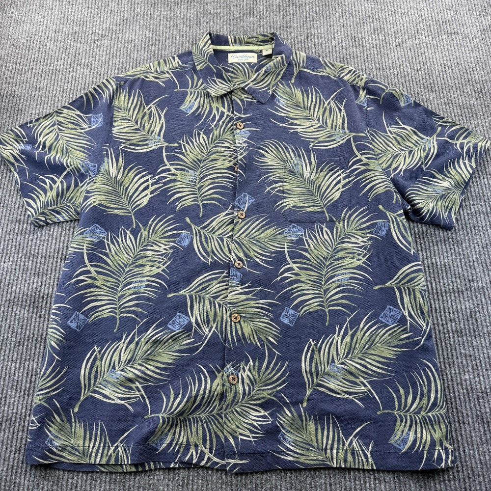 Caribbean Shirt Mens XL Blue Green Silk Hawaiian Palm Leaf Button Up Aloha